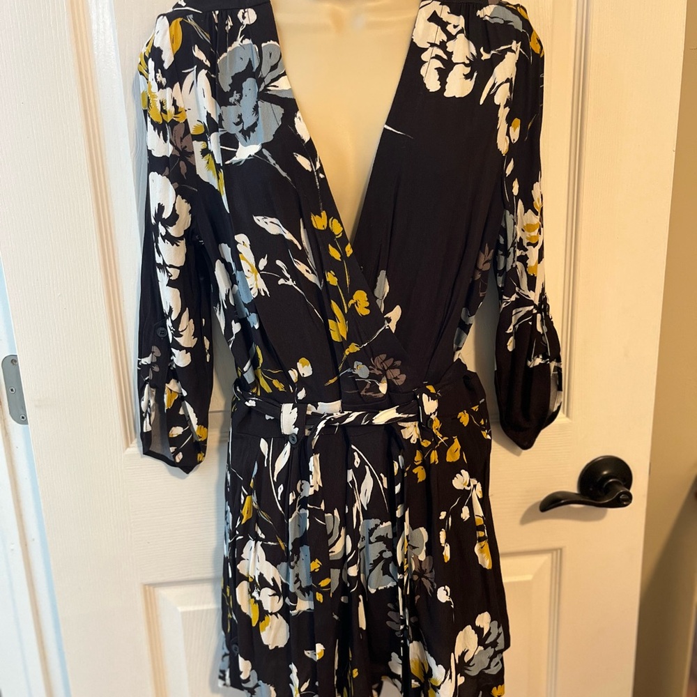 Yumi Kim Black Floral Wrap Romper with White and Yellow Accents
